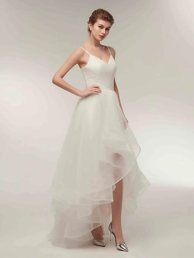 A-Line Wedding Dresses V Neck Asymmetrical Tulle Spaghetti Strap Simple Casual Little White Dress