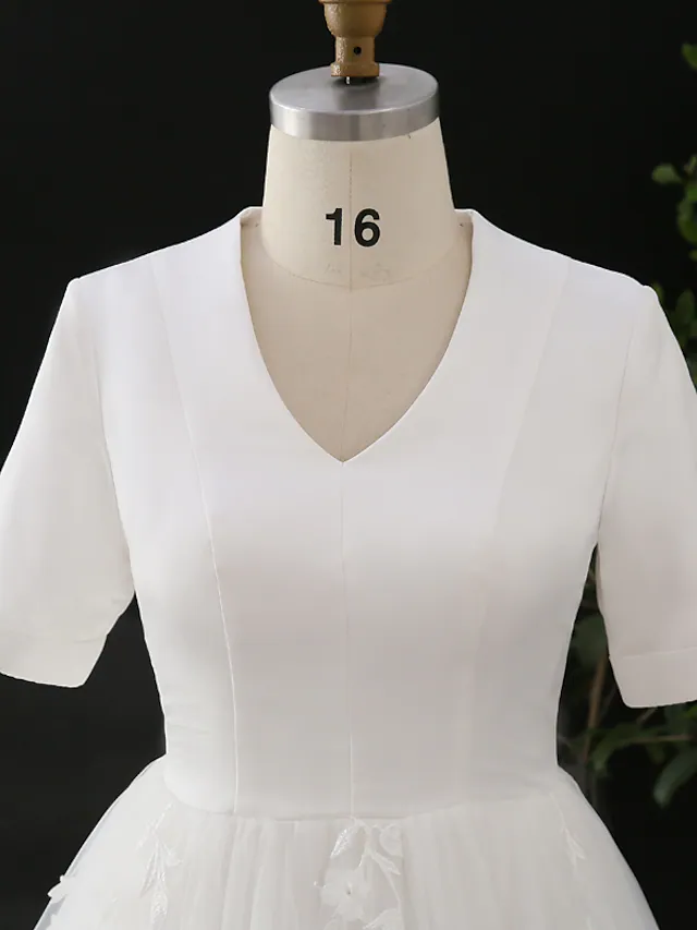 A-Line Wedding Dresses V Neck Court Train Satin Tulle Half Sleeve Simple Elegant with Appliques Beautiful
