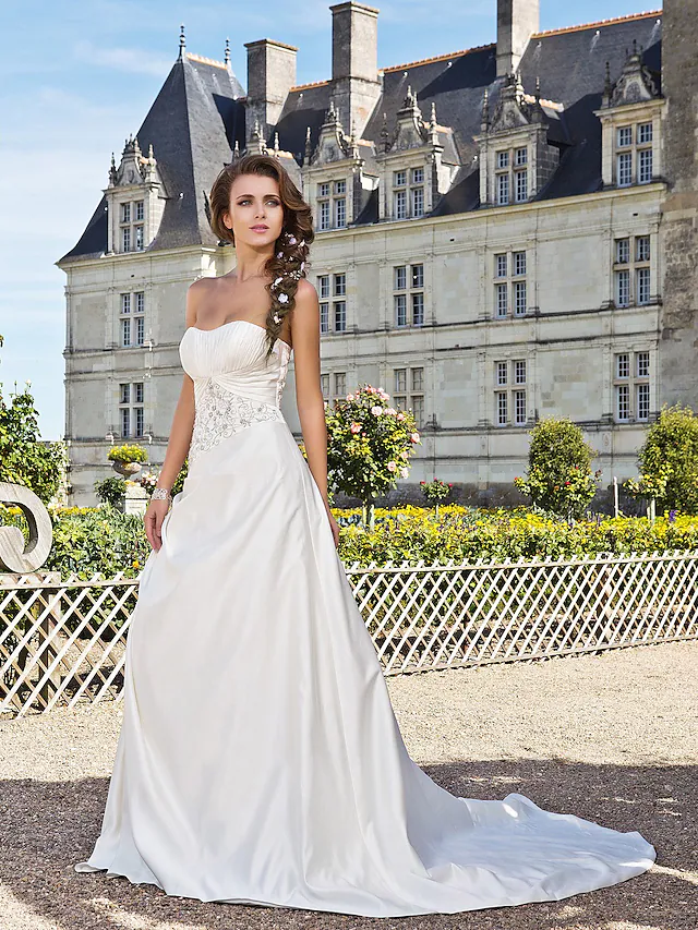 Princess A-Line Long Wedding Dresses Strapless Chapel Train Satin Sleeveless