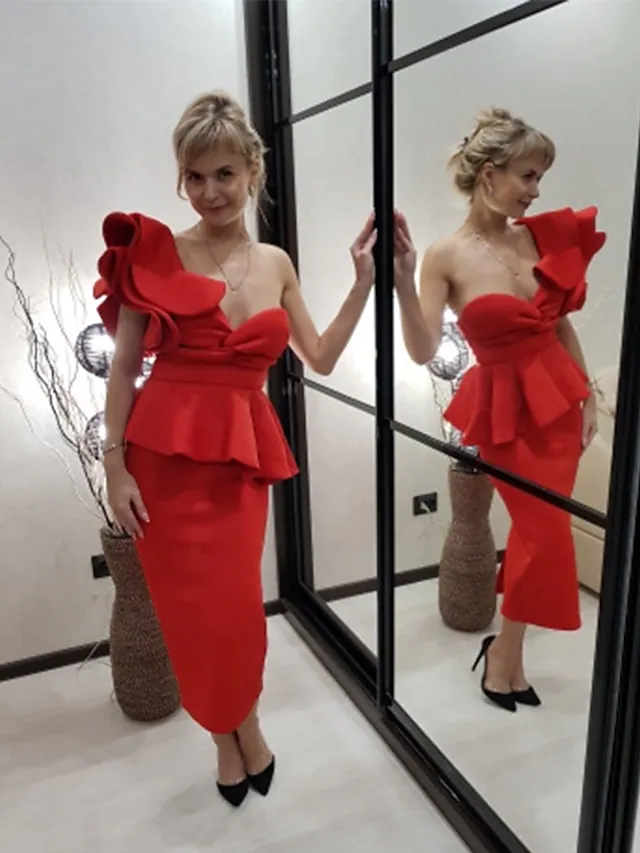 Beautiful Back Sexy Party Wear Cocktail Party Dress One Shoulder Sleeveless Tea Length Spandex