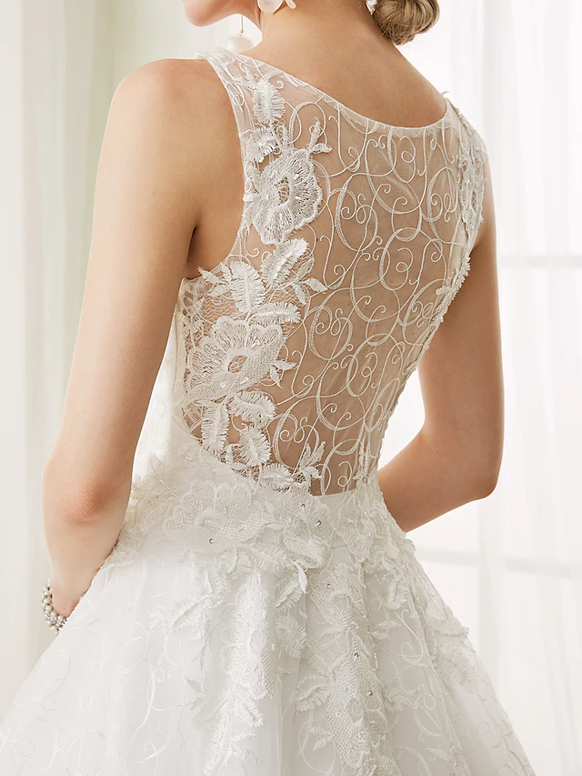 Ball Gown Wedding Dresses Bateau Neck Court Train Beaded Lace Regular Straps See-Through Beautiful Back with Beading