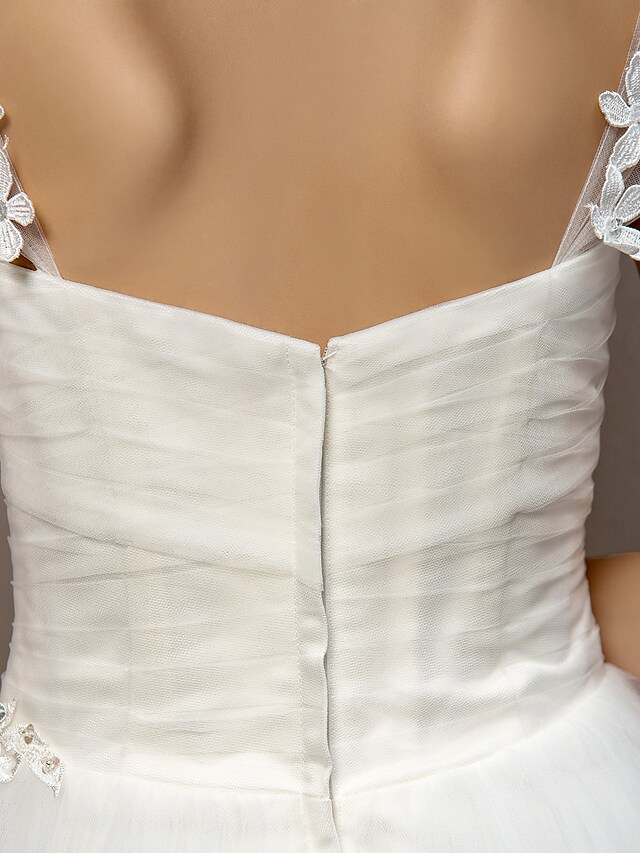 Ball Gown Wedding Dresses Square Neck Court Train Tulle Short Sleeve with Ruched Flower