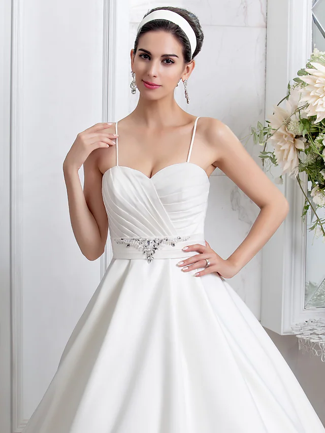 Princess A-Line Wedding Dresses Sweetheart Neckline Satin Sleeveless with Sash Ribbon Ruched