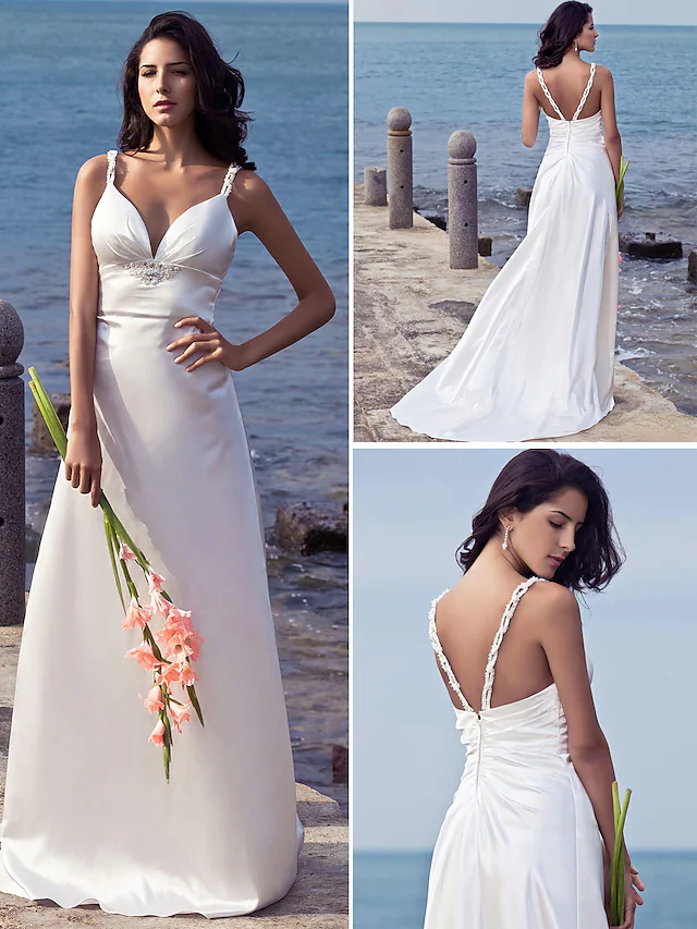Wedding Dresses Sweetheart Neckline Stretch Satin Spaghetti Strap Open Back with