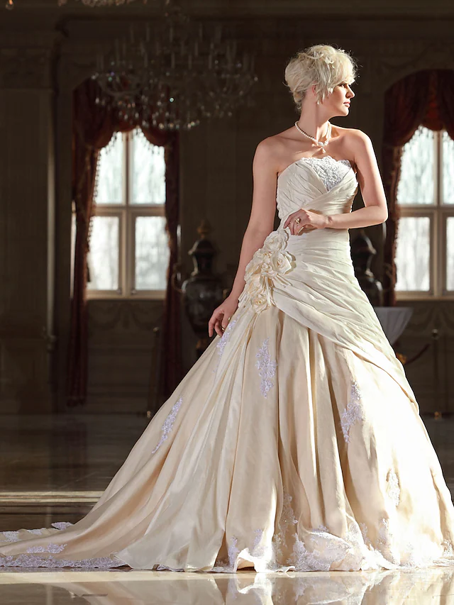 A-Line Wedding Dresses Strapless Cathedral Train Taffeta Beaded Lace Strapless Glamorous Plus Size with Beading Lace Insert