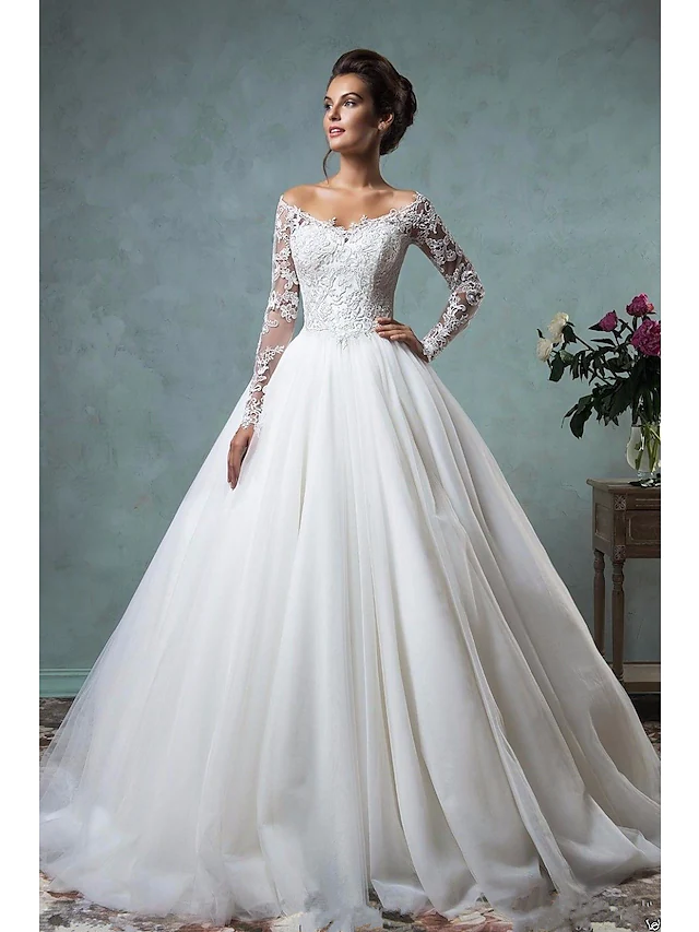A-Line Wedding Dresses Off Shoulder Court Train Lace Tulle Long Sleeve Formal See-Through with Embroidery Beautiful