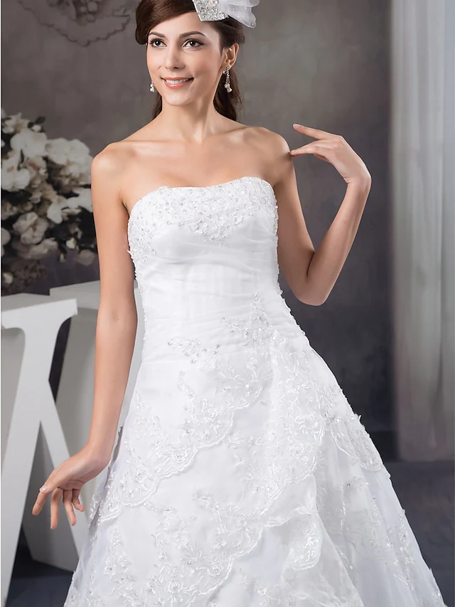 A-Line Wedding Dresses Strapless Chapel Train Lace Organza Satin Strapless with Beading Appliques Cascading