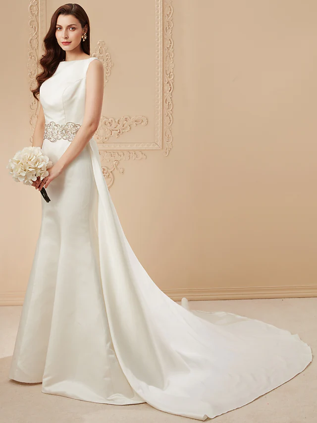 Long Wedding Dresses Bateau Neck Cathedral Train Satin Regular Straps Vintage Inspired