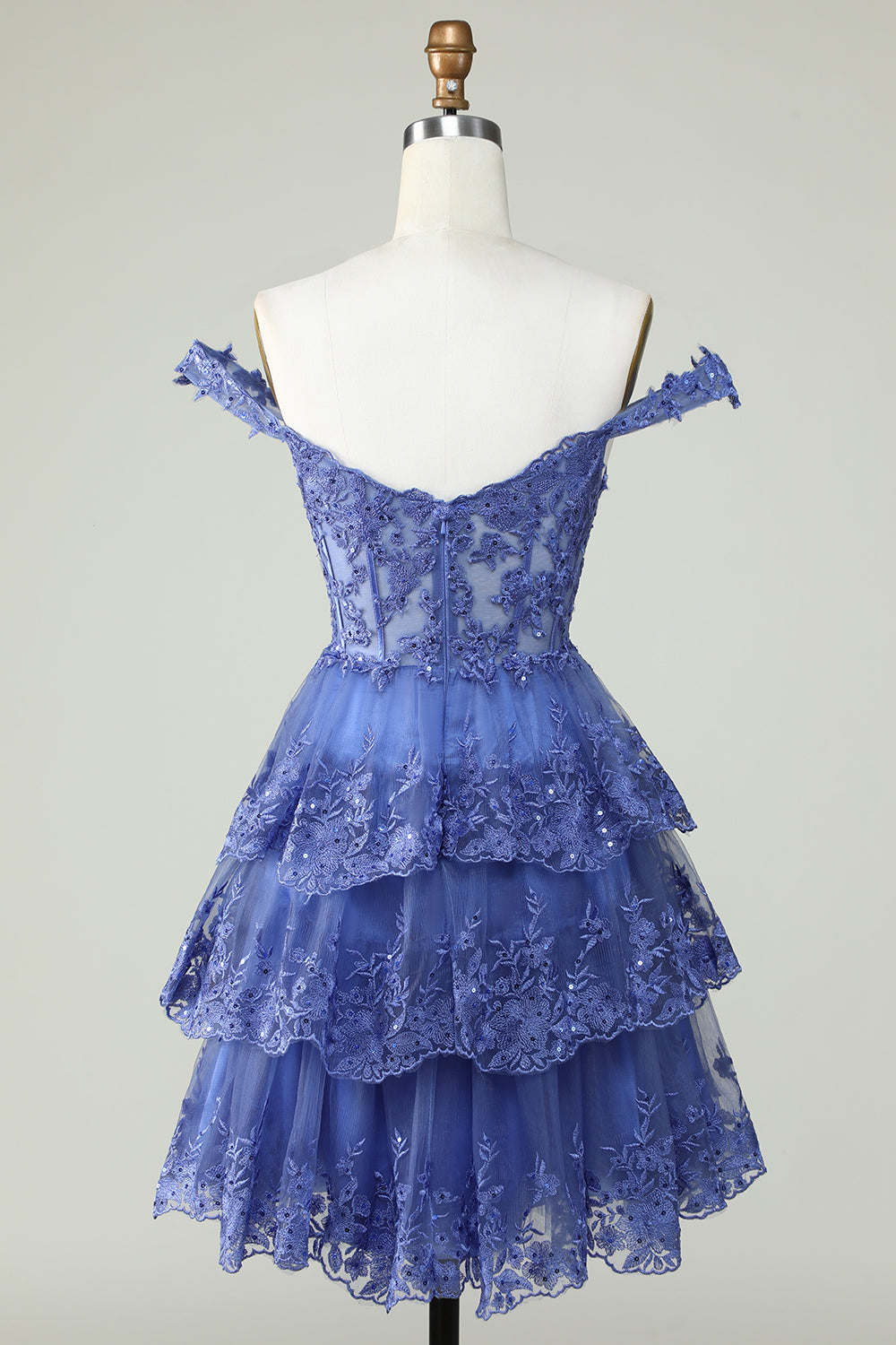 Princess A Line Corset Tiered Purple Short Homecoming Dress with Lace Off Shoulder