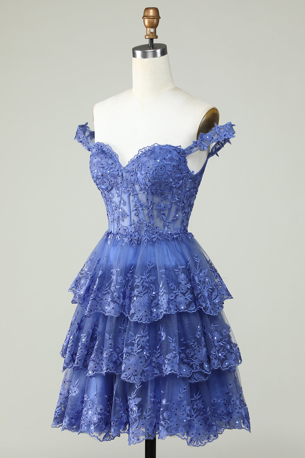 Princess A Line Corset Tiered Purple Short Homecoming Dress with Lace Off Shoulder