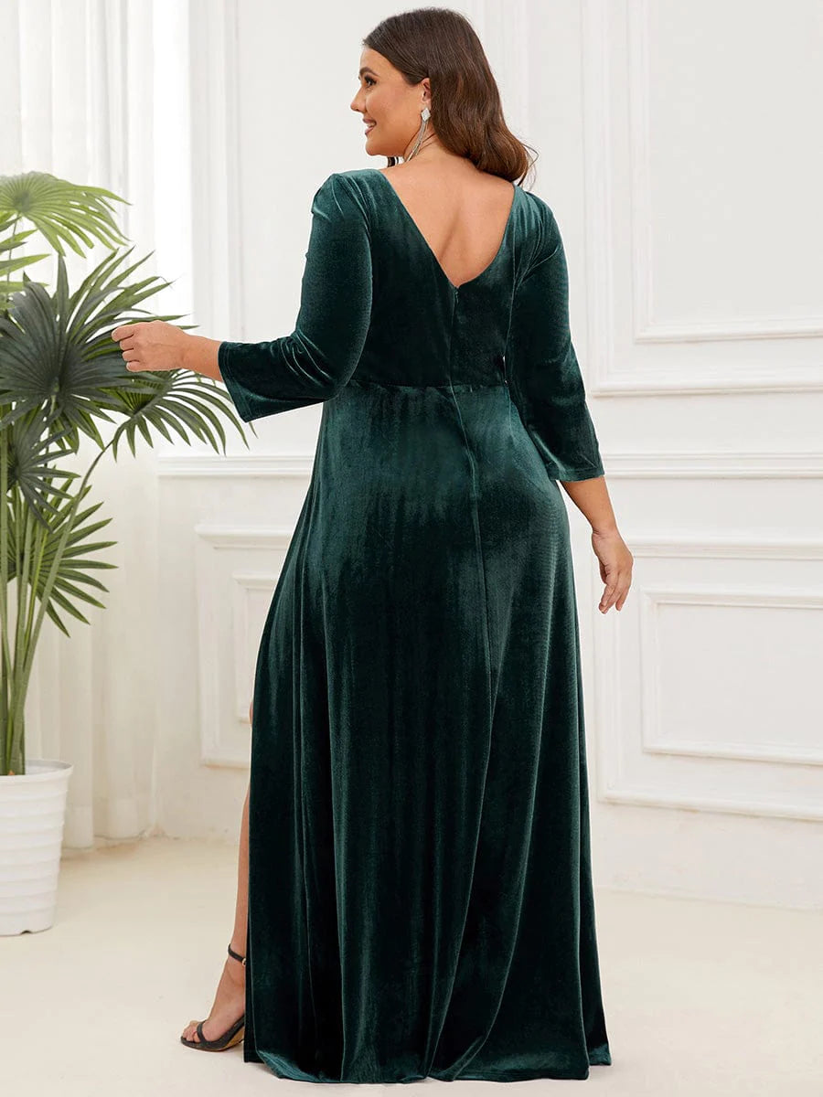 Plus Size Velvet Plunging V-Neck Front Slit 3/4 Sleeve Evening Dress Sexy