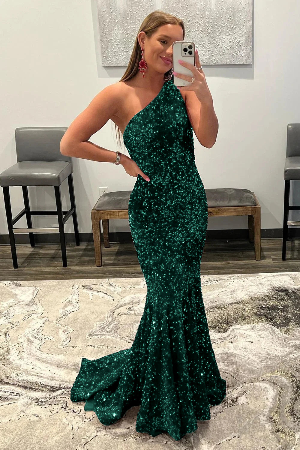 Coral Sequins One Shoulder Mermaid Long Prom Dress Sparkly Evening Dresses