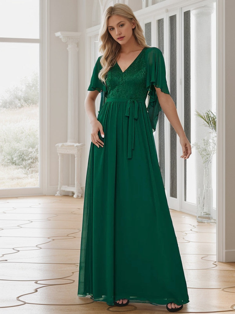 Deep V Neck Lace Bodice Long Flowy Evening Dress Sexy