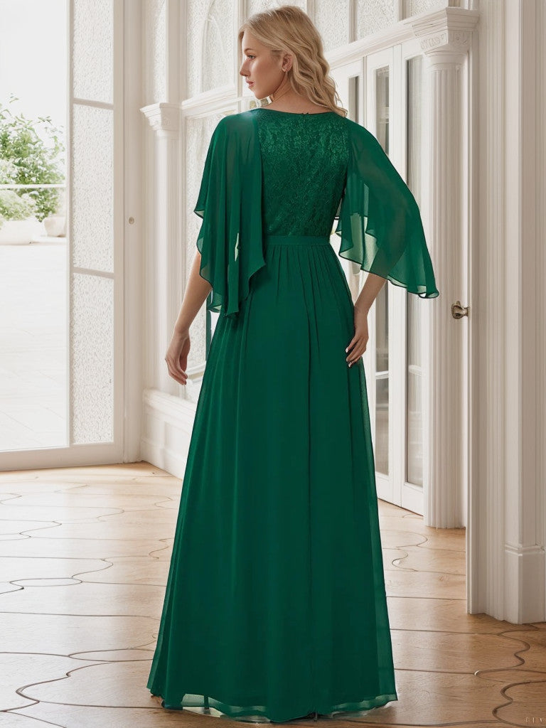 Deep V Neck Lace Bodice Long Flowy Evening Dress Sexy
