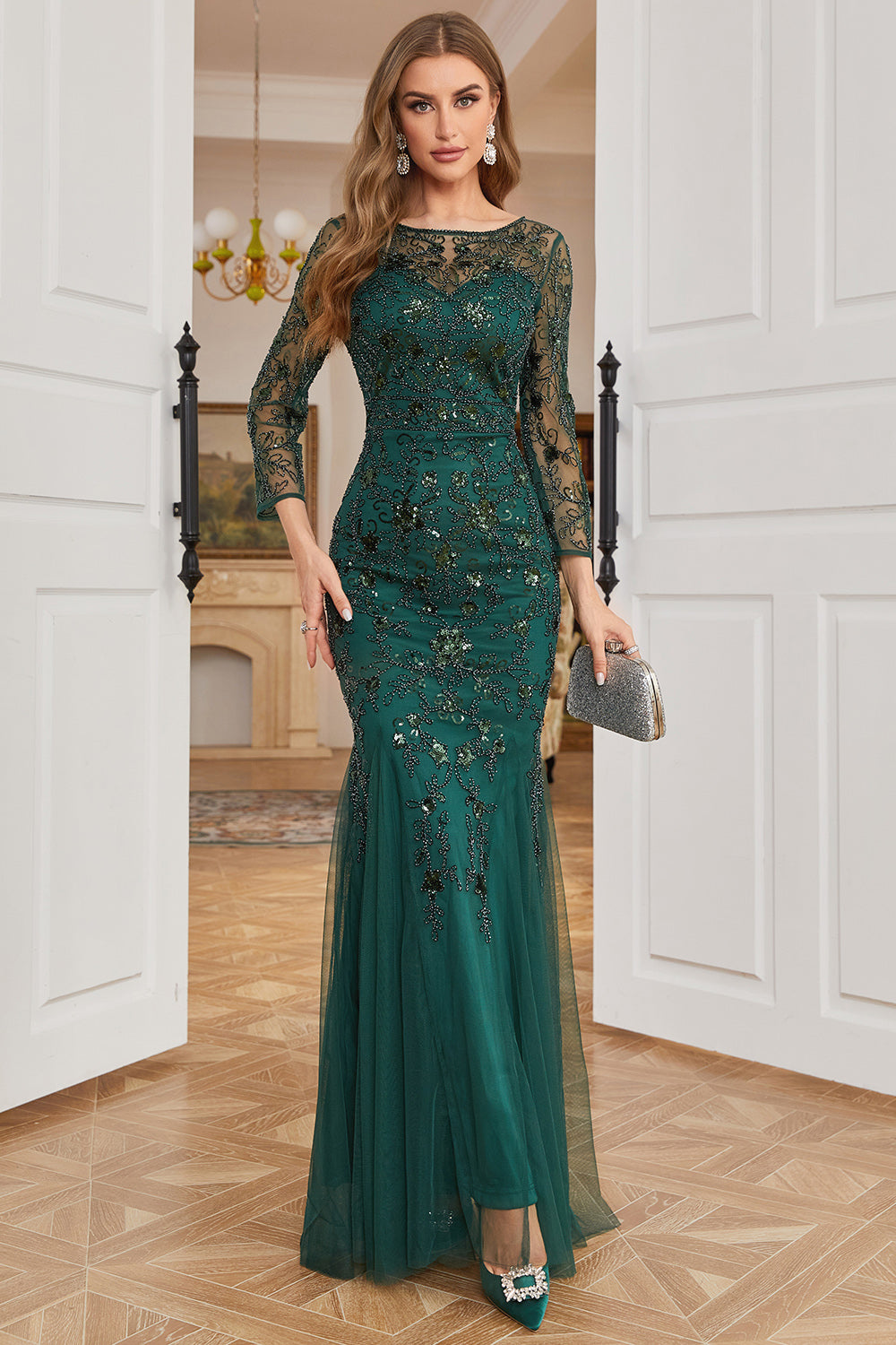 Dark Green Mermaid Beading Prom Dress with Long Sleeves Sexy Evening Dresses