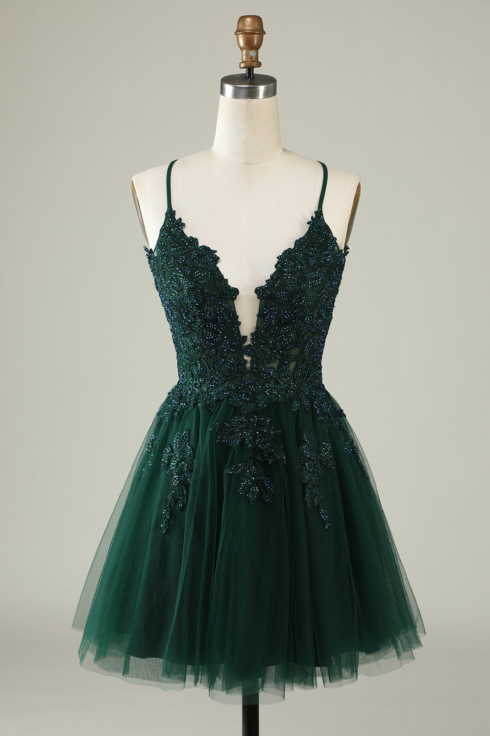 Dark Green A Line Spaghetti Straps Short Homecoming Dress with Appliques Sexy