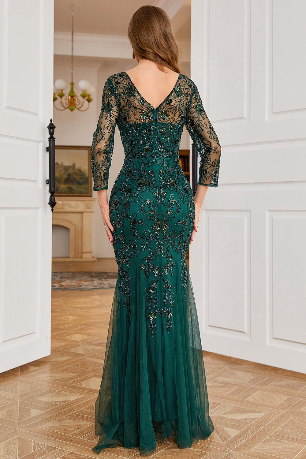Dark Green Mermaid Beading Prom Dress with Long Sleeves Sexy Evening Dresses