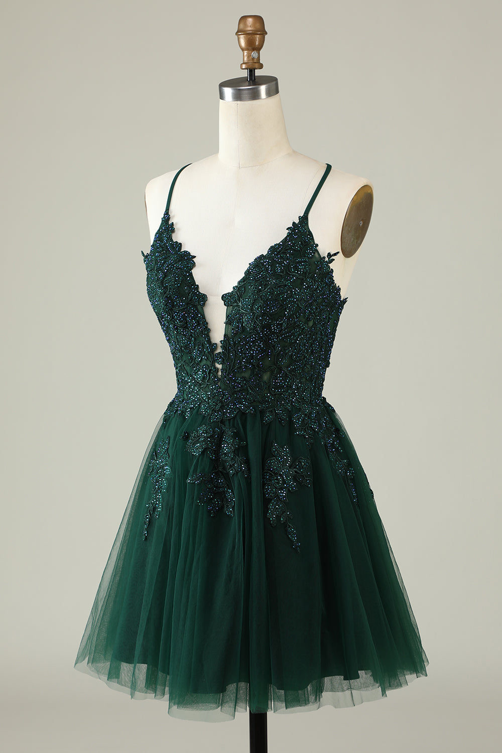 Dark Green A Line Spaghetti Straps Short Homecoming Dress with Appliques Sexy