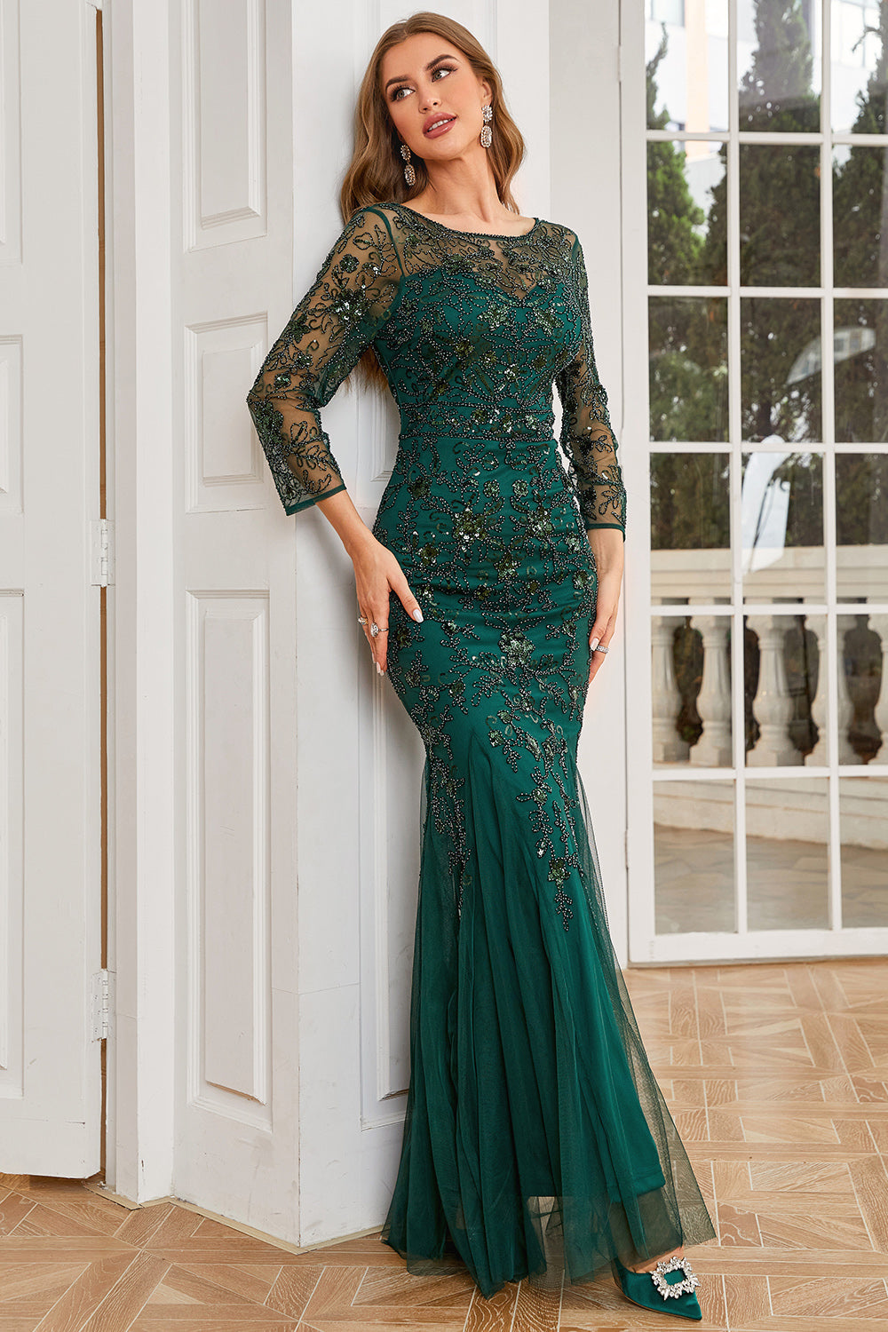 Dark Green Mermaid Beading Prom Dress with Long Sleeves Sexy Evening Dresses
