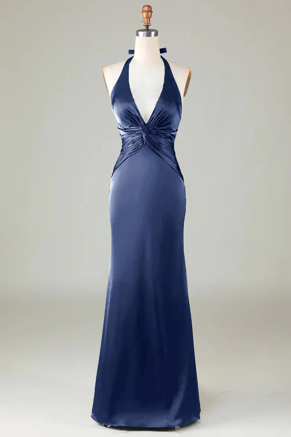 Fish tail hanging neck deep green long satin bridesmaid dress V-neck Sexy Evening Dresses