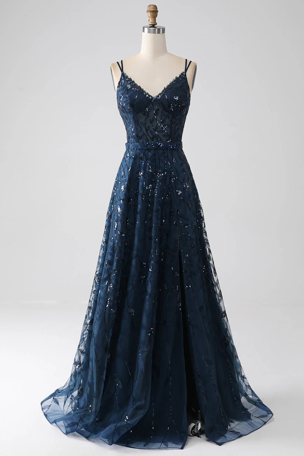 A-Line Spaghetti Straps Long Prom Dress with Slit V-neck Sparkly