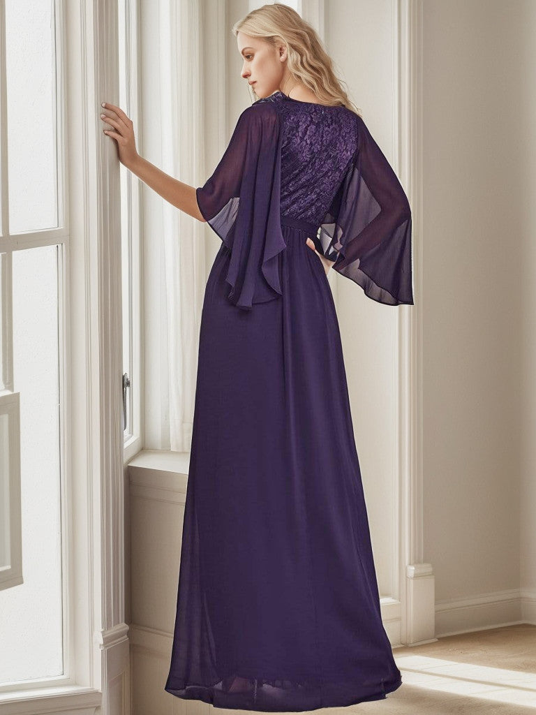Deep V Neck Lace Bodice Long Flowy Evening Dress Sexy