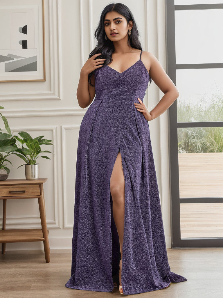 Plus Size Spaghetti Strap Shiny Formal Evening Dress for Wedding Sexy