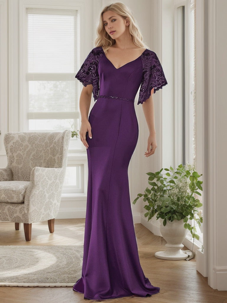Sexy V Neck Maxi Bodycon Evening Dress with Flare Sleeves Sexy