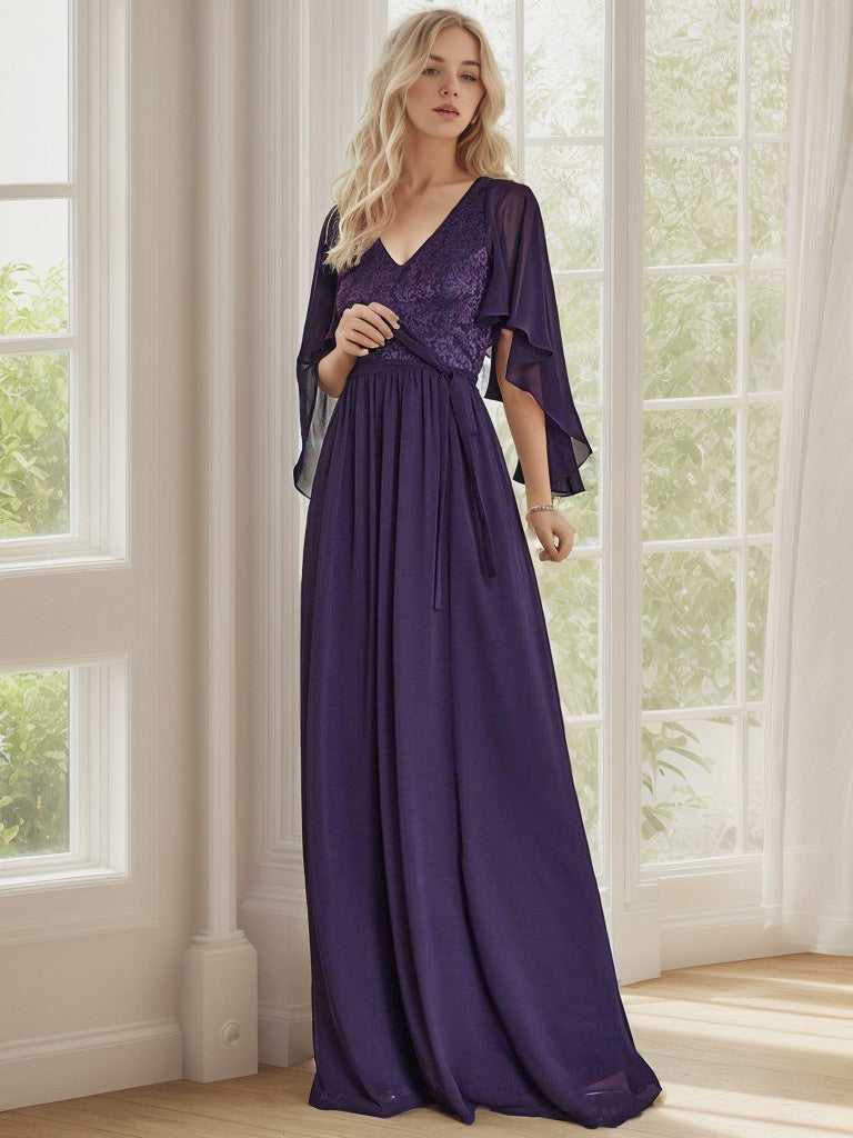 Deep V Neck Lace Bodice Long Flowy Evening Dress Sexy
