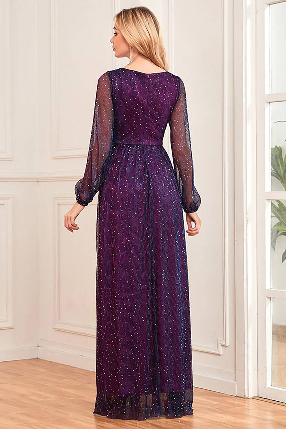 Sparkly Dark Purple Tulle Long Prom Dress Sexy Evening Dresses