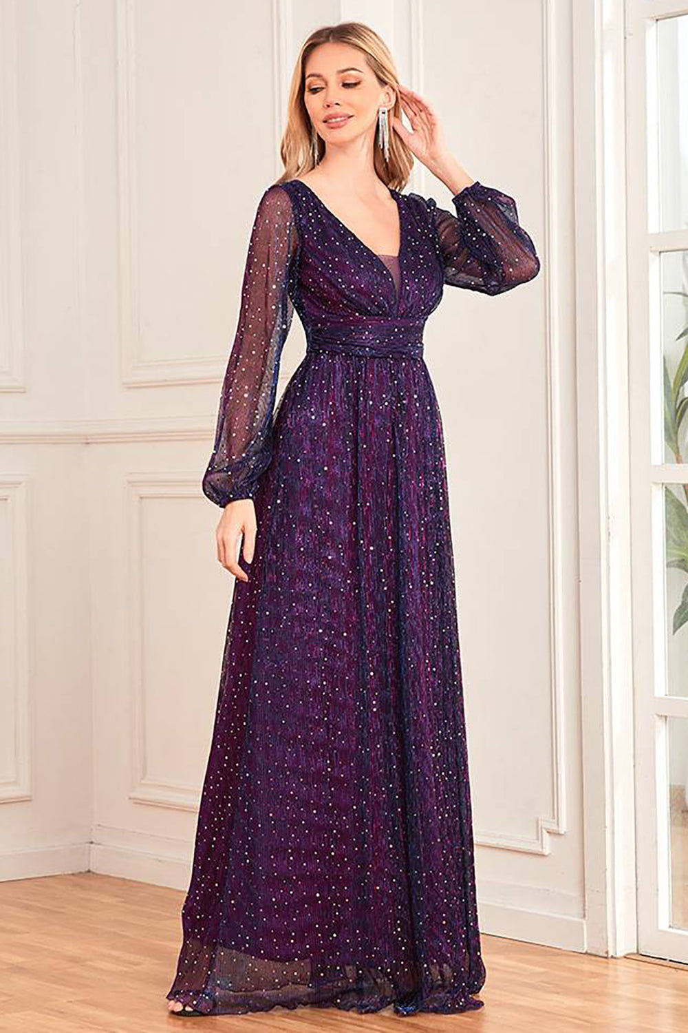 Sparkly Dark Purple Tulle Long Prom Dress Sexy Evening Dresses