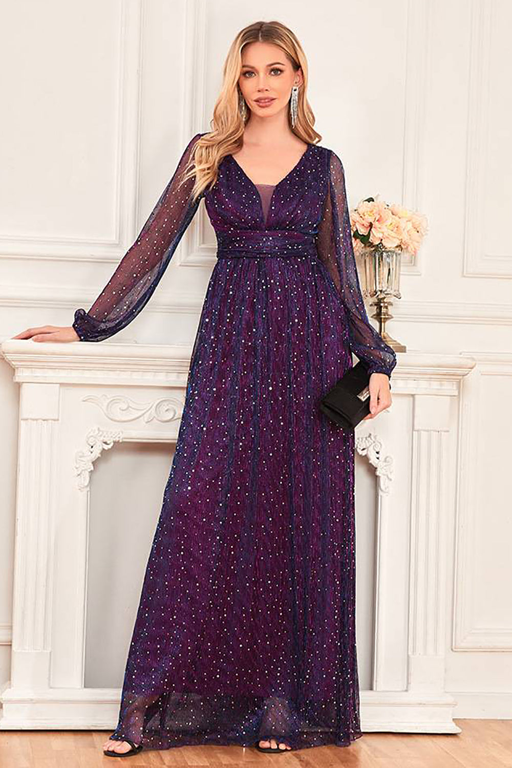 Sparkly Dark Purple Tulle Long Prom Dress Sexy Evening Dresses