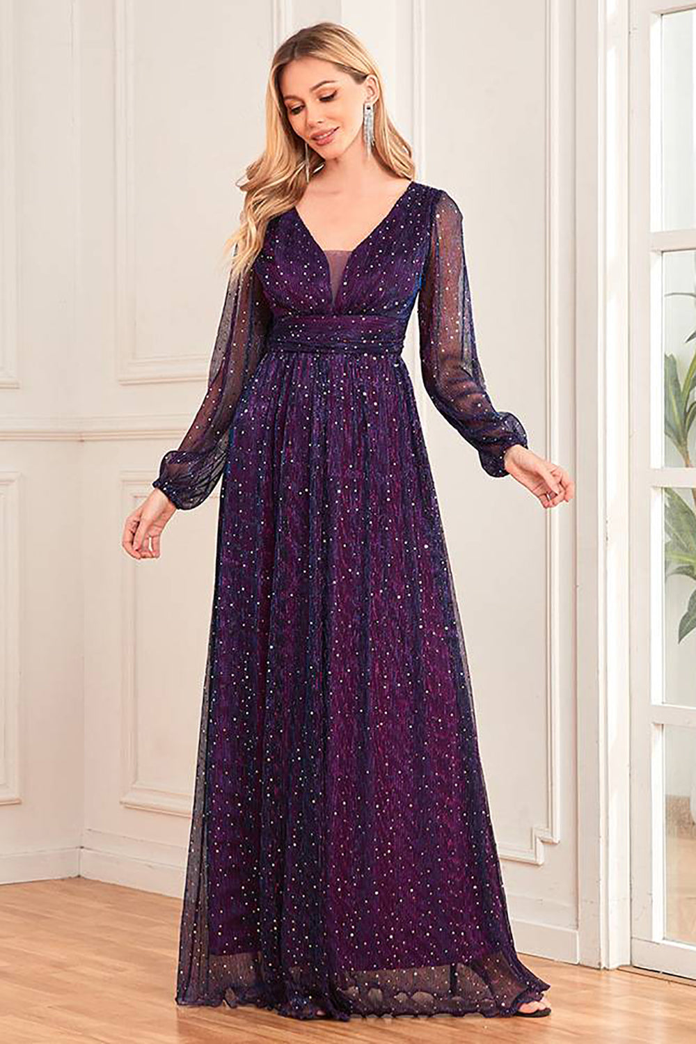 Sparkly Dark Purple Tulle Long Prom Dress Sexy Evening Dresses