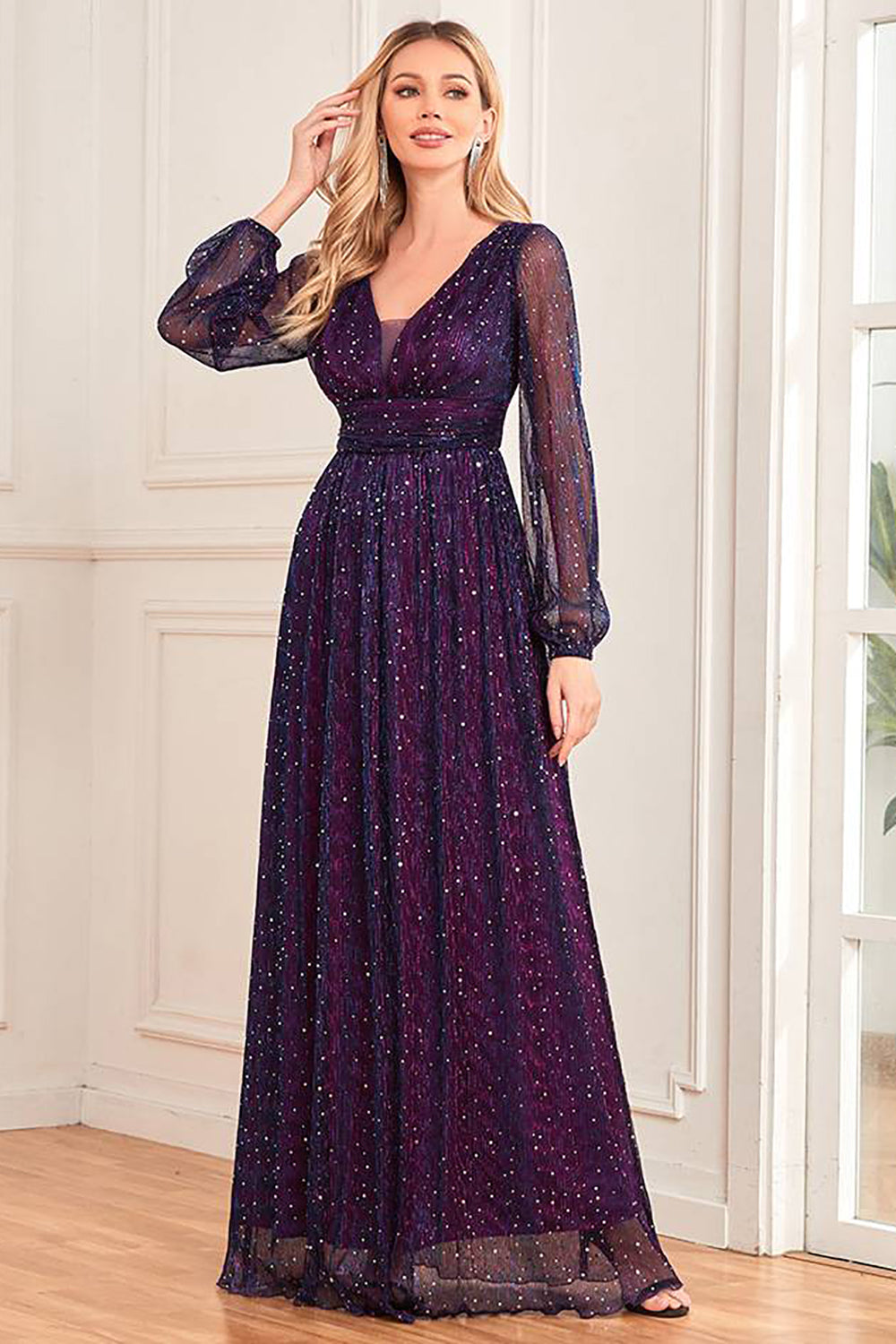 Sparkly Dark Purple Tulle Long Prom Dress Sexy Evening Dresses