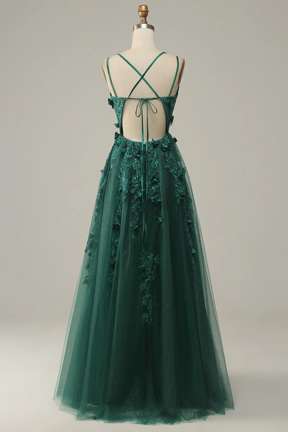 Dark Green A-Line Tulle Long Prom Dress with Slit V-neck Sexy