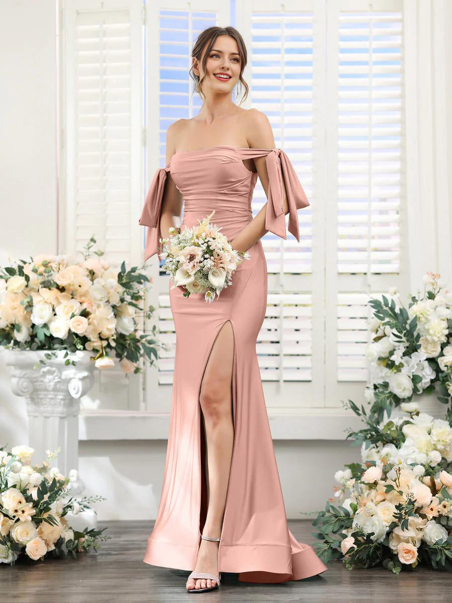 A-Line V-Neck Sleeve Bridesmaid Dress for Wedding Guest Long Chiffon Formal Party Dresses with Slit Sexy