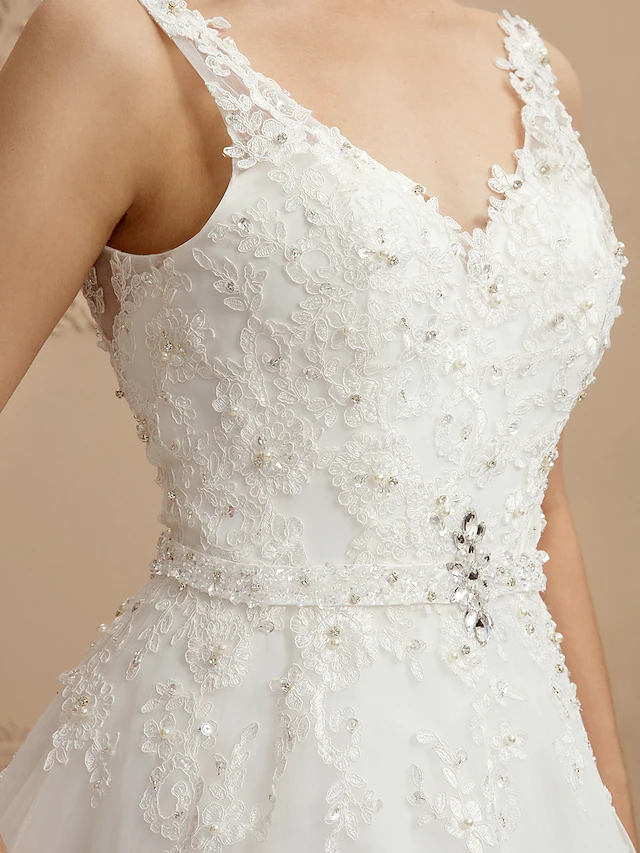 Ball Gown Wedding Dresses V Neck Court Train Tulle Beaded Lace Lace Over Tulle Spaghetti Strap Glamorous Illusion Detail Backless with Beading