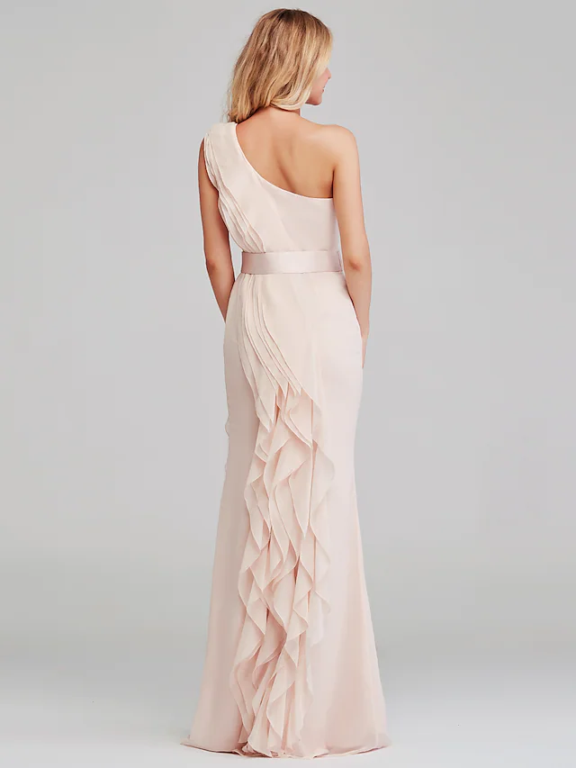 Pearl Pink Shoulder Long Length Chiffon Bridesmaid Dress with Cascading Ruffles