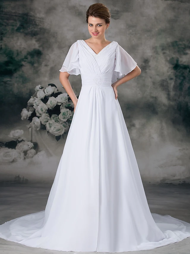 A-Line Wedding Dresses V Neck Chapel Train Chiffon Satin Short Sleeve with Ruched