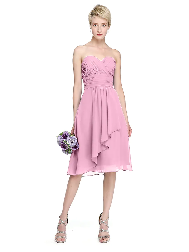 A-Line Sweetheart Neckline Knee Length Chiffon Bridesmaid Dress with Criss Cross Ruched Draping Open Back Pure Color