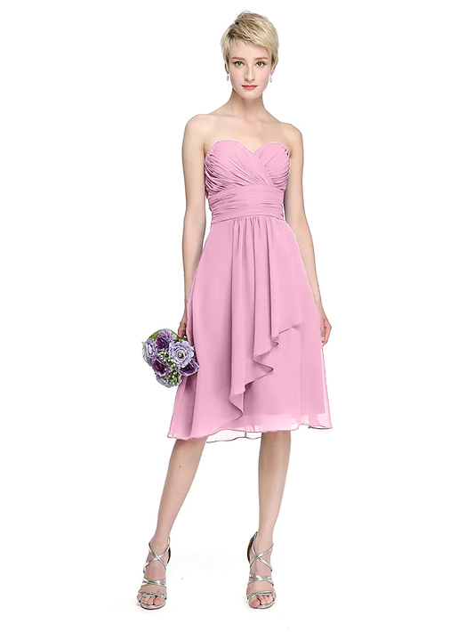 A-Line Sweetheart Neckline Knee Length Chiffon Bridesmaid Dress with Criss Cross Ruched Draping Open Back Pure Color