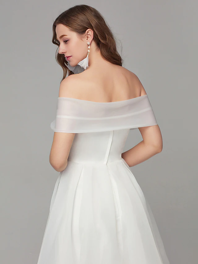 A-Line White Elegant Engagement Cocktail Party Dress Off Shoulder Sleeveless Tea Length Organza with Criss Cross
