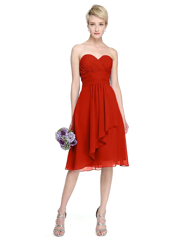 A-Line Sweetheart Neckline Knee Length Chiffon Bridesmaid Dress with Criss Cross Ruched Draping Open Back Pure Color