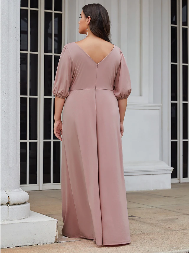 A-Line V Neck Floor Length Satin Stretch Satin Bridesmaid Dress with Ruching Plus Size