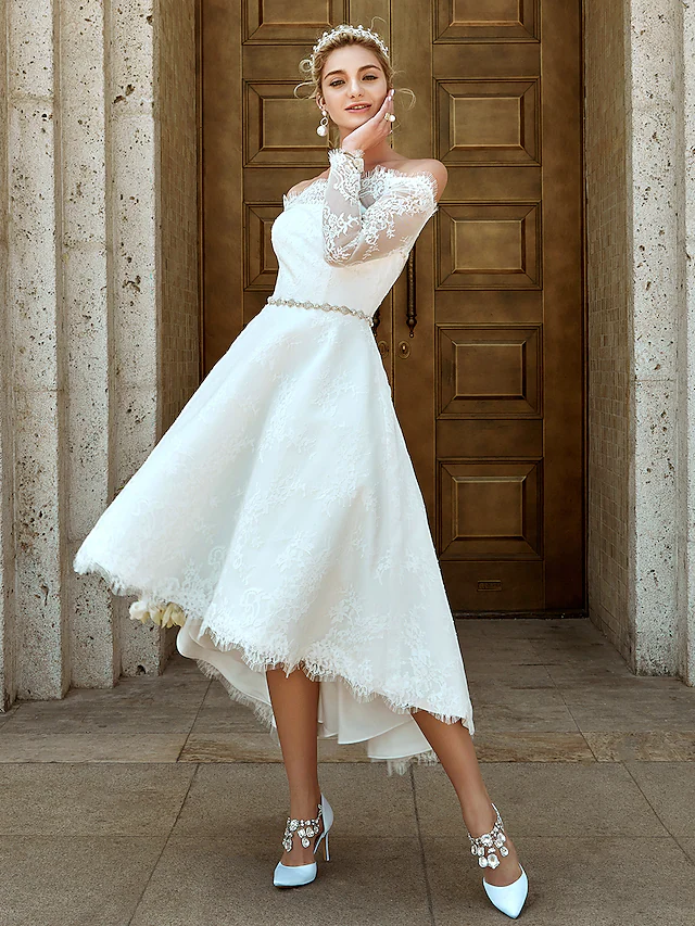 A-Line Wedding Dresses Off Shoulder Asymmetrical Lace Long Sleeve Casual Plus Size Illusion Sleeve with Lace Crystal