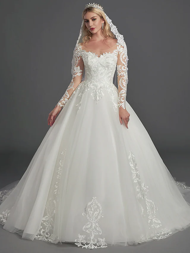 Ball Gown Wedding Dresses Illusion Neck Chapel Train Lace Tulle Long Sleeve Glamorous See-Through Illusion Detail with Buttons
