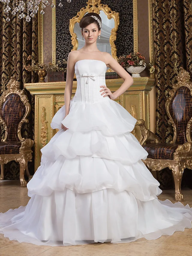 Ball Gown Wedding Dresses Strapless Court Train Organza Satin Strapless with Pick Up Skirt