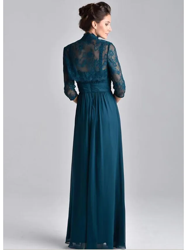 Two Piece A-Line Mother of the Bride Dress Elegant Spaghetti Strap Floor Length Chiffon Lace 3/4 Length Sleeve