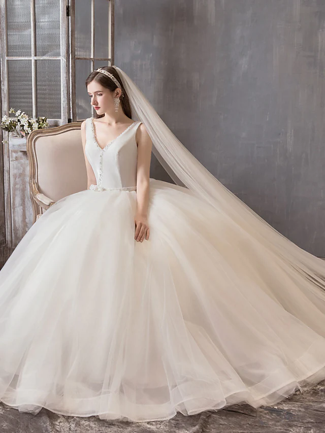 Princess Ball Gown Wedding Dresses V Neck Floor Length Satin Tulle Sleeveless Formal Luxurious with Bow(s)