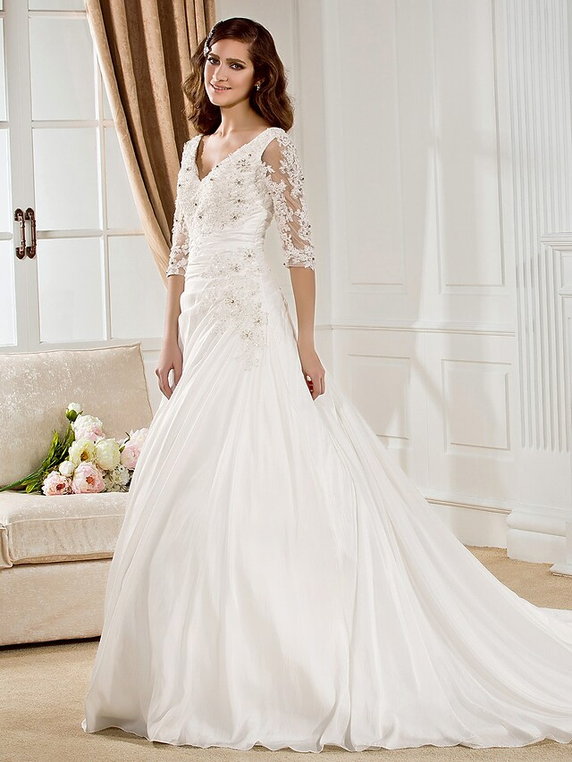 Ball Gown Wedding Dresses V Neck Chapel Train Taffeta Half Sleeve See-Through with Ruched Beading